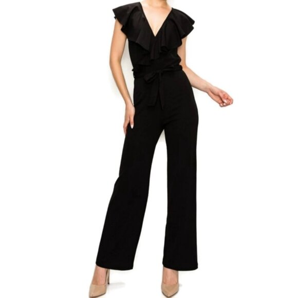 Janette Fashion Black Ruffle V-neck Wide Leg Sleeveless Casual Jumpsuit - Picture 3 of 4